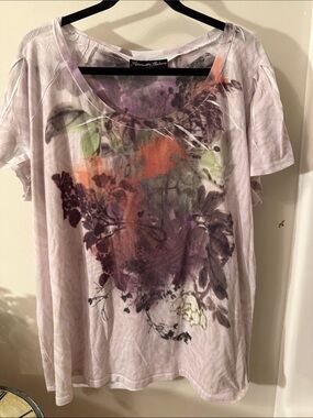 Appropriate Behavior Lavender Floral Scoop Neck Tee with Coral & Green Accents